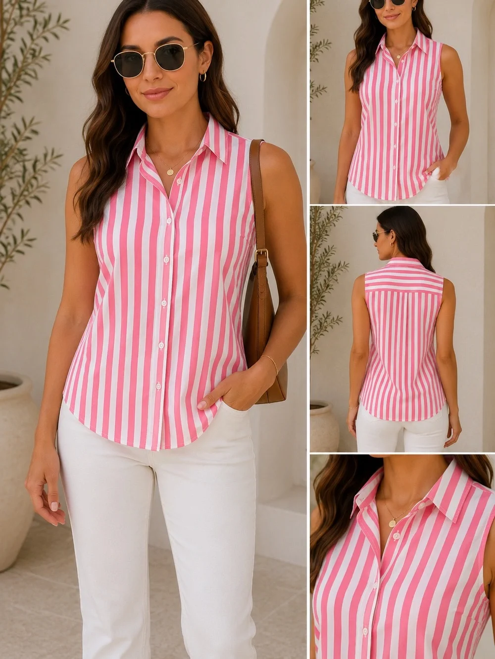 J.Crew Pink White Stripe Sleeveless Button Front Collared Blouse Size S